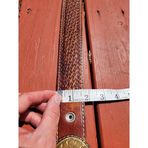 Vintage Kirkpatrick Brown Basket Weave Leather Belt Size 34, Buckle, Shooting - Picture 12 of 12